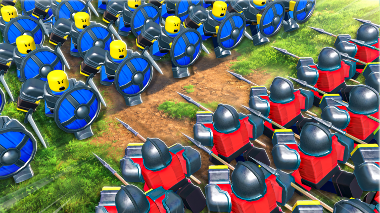 Blue shield troops face a red spear army on a grassy battlefield in Command An Army.